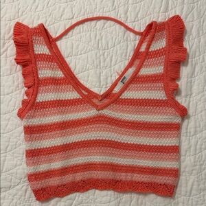 Striped Coral and White Knit Crop Top